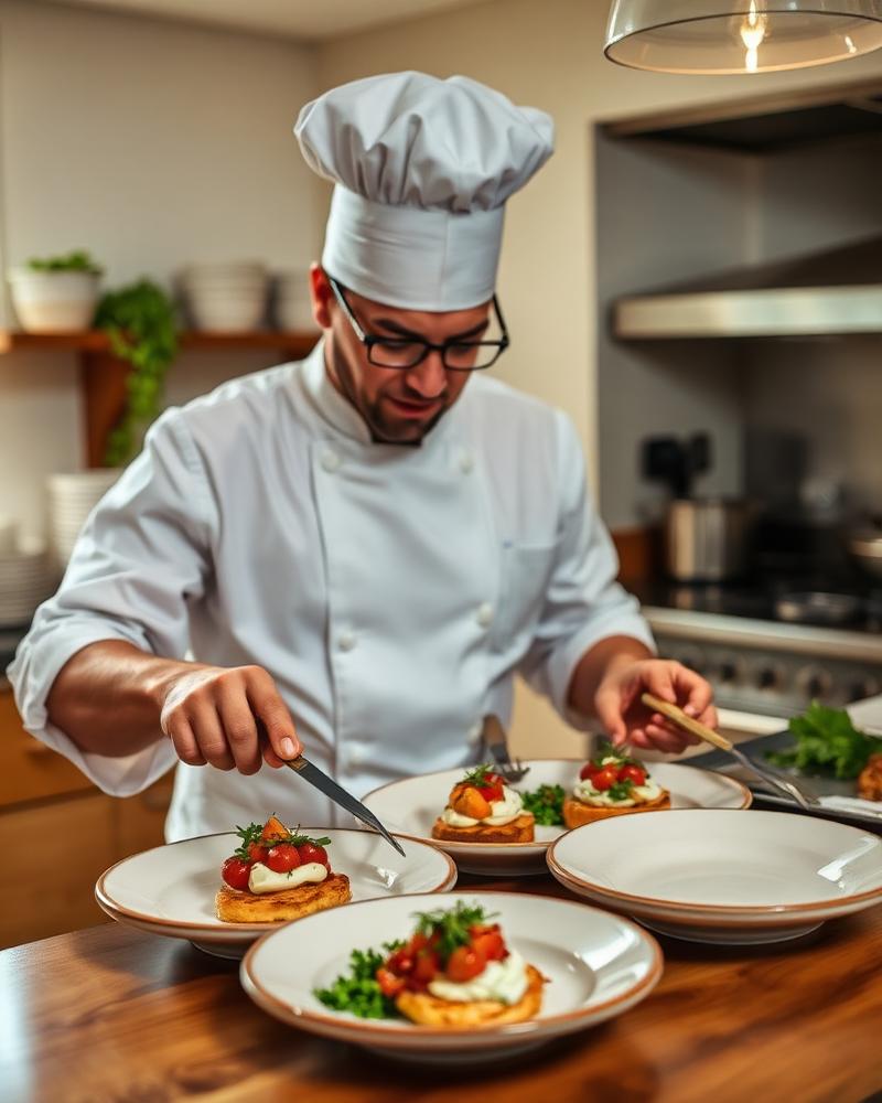 Chef Elena Rossi plating elegant appetizers